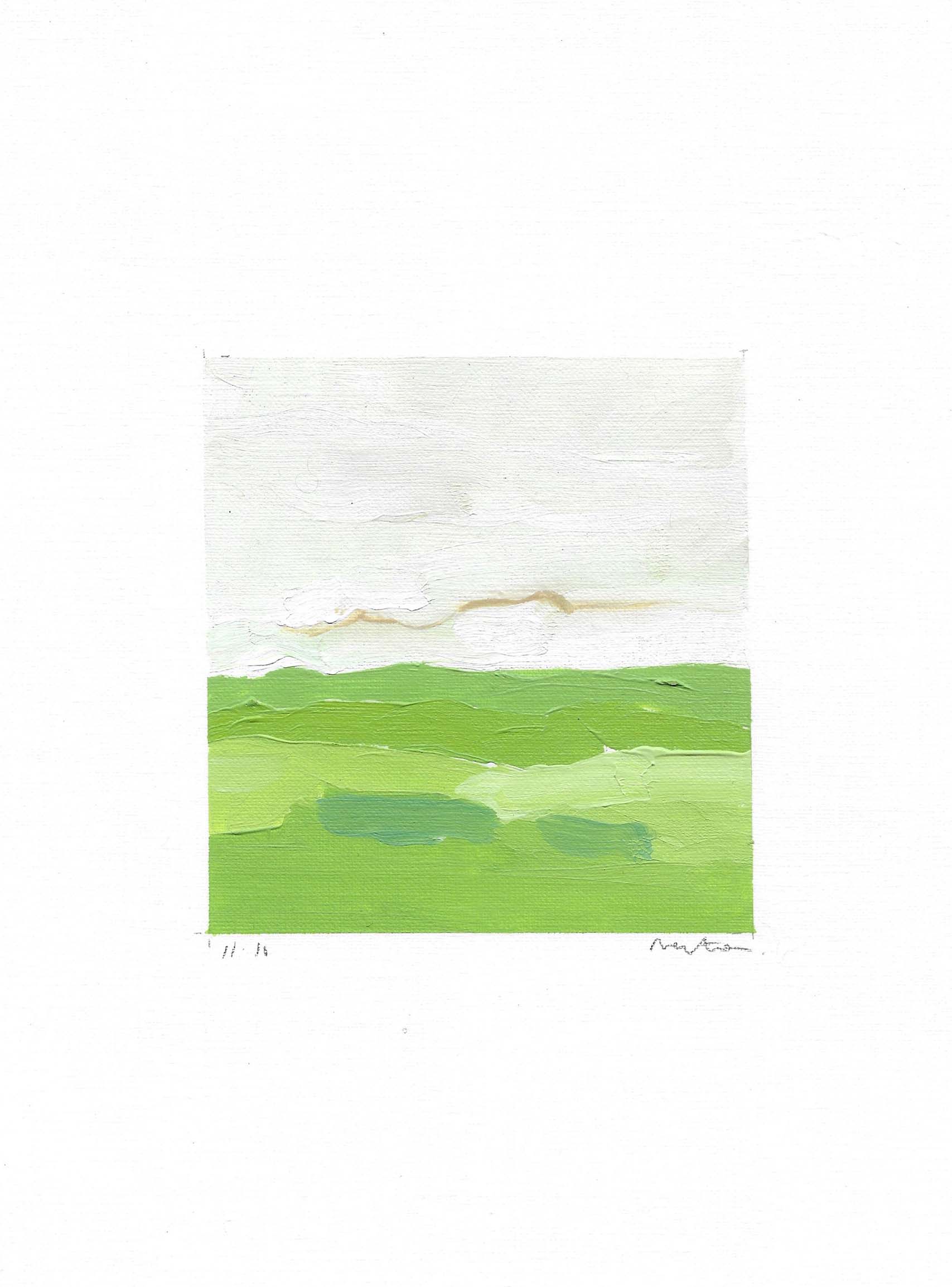 11:10 by Sally Newton. Abstract art piece with green and white colors on a white background.