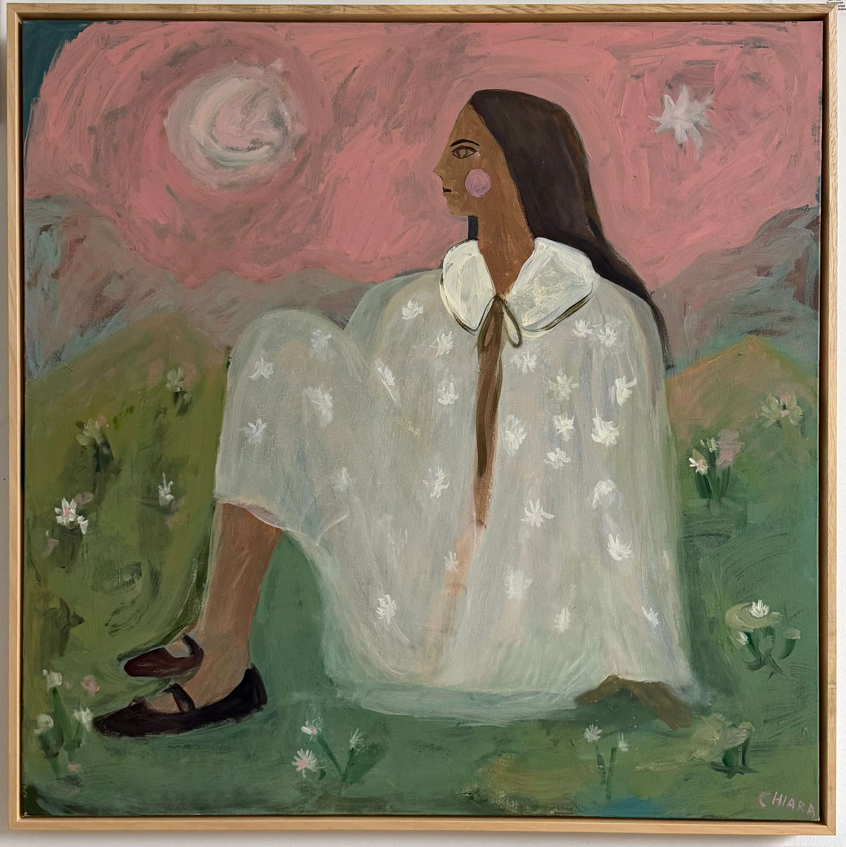 After Rain Pink Skies painting of a woman sitting in nature, by Chiara Perano