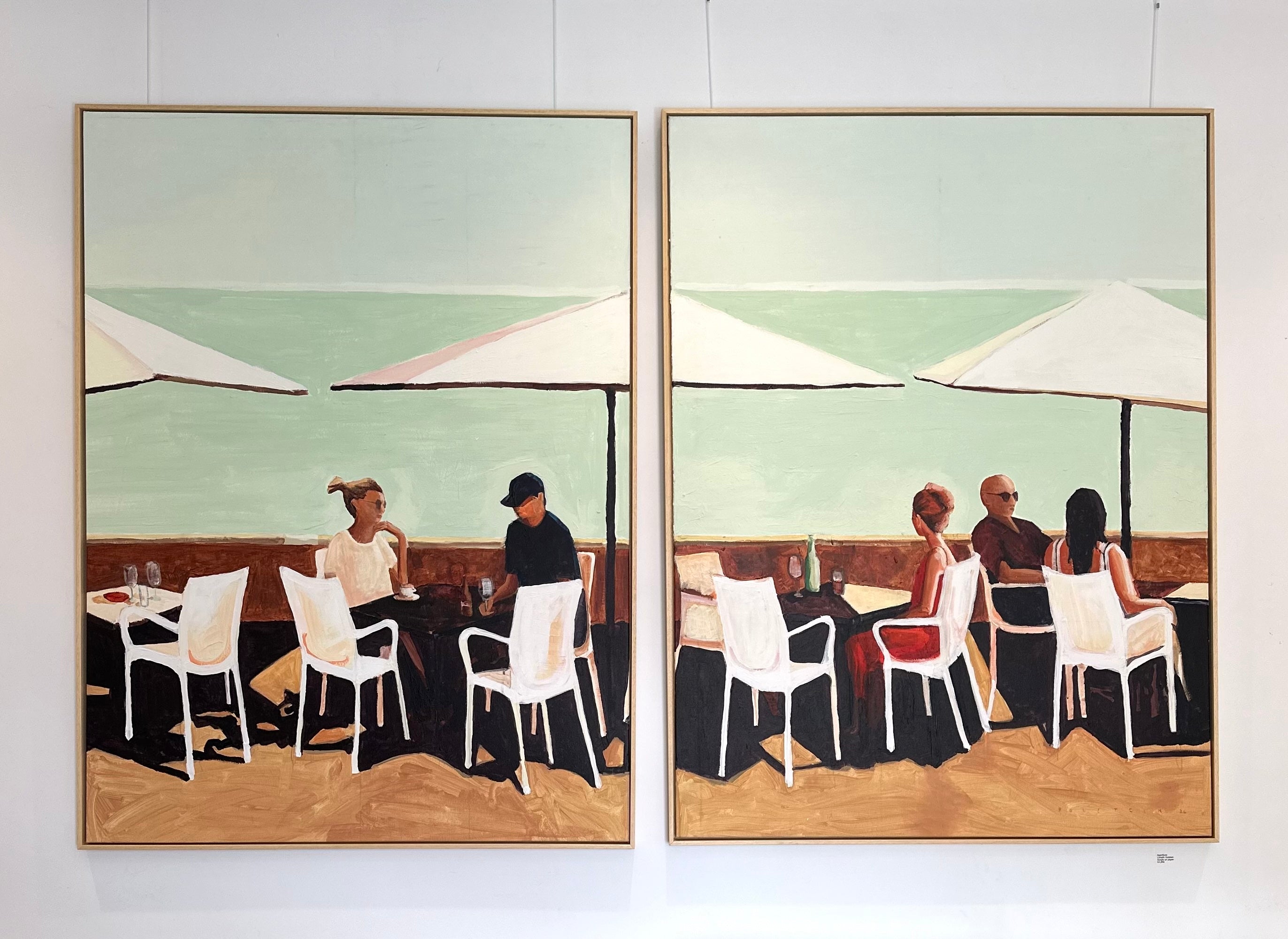 Aperitivos by Lizbeth Holstein - two framed paintings of an outdoor cafe scene with people sitting at tables under umbrellas.