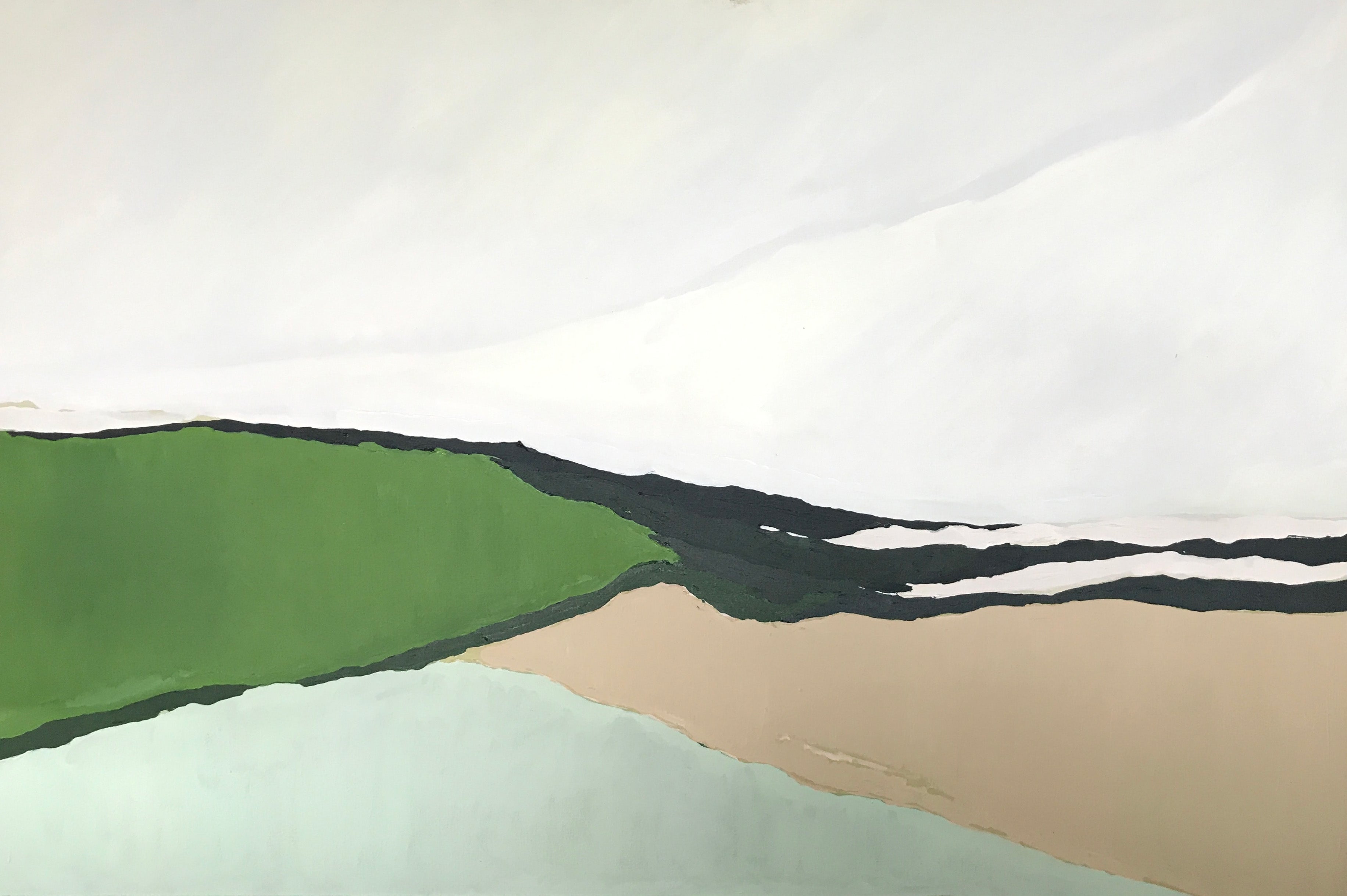 Break by Sally Newton. Abstract art with green, black, and beige colours on a white background.