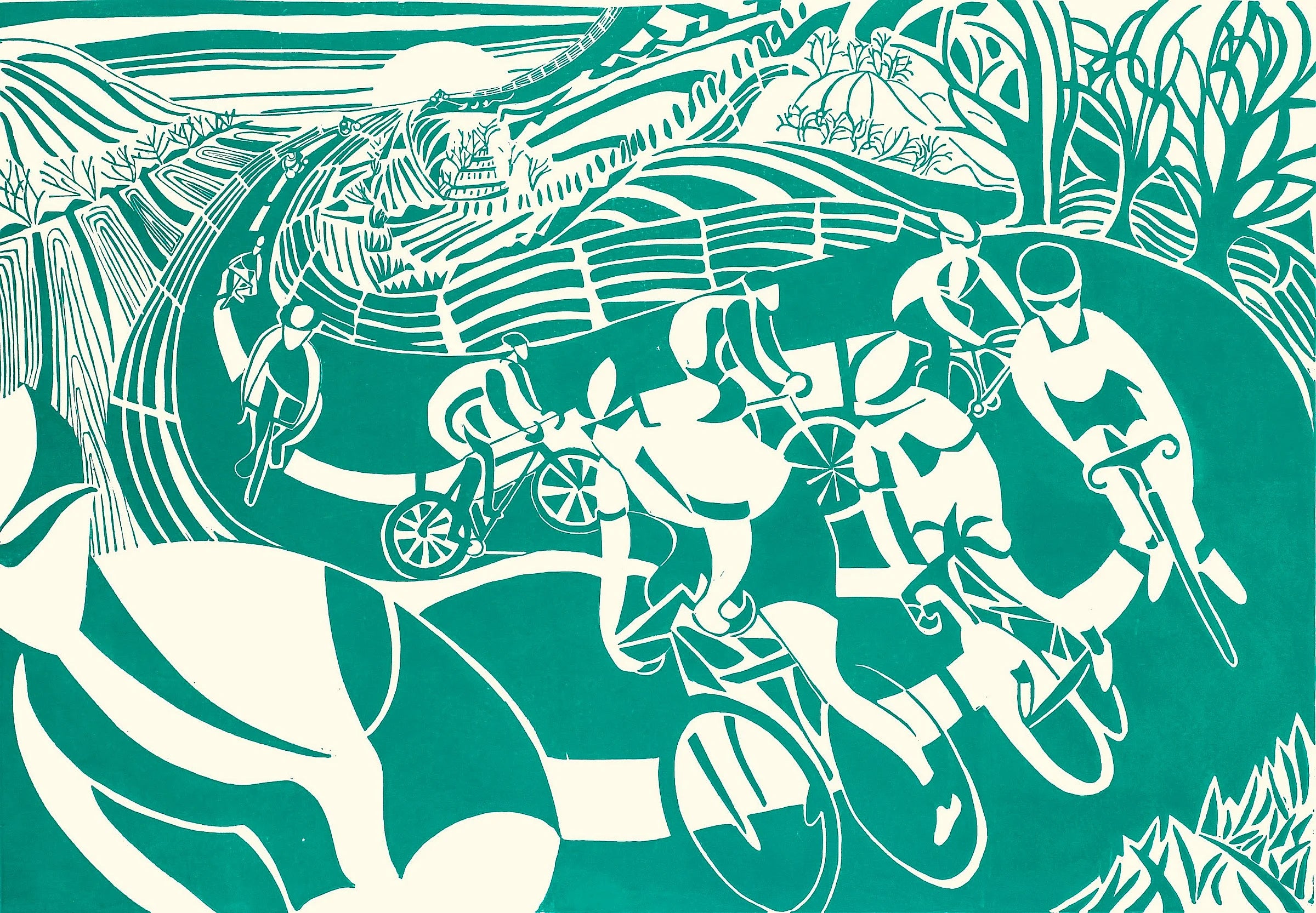 Illustration of cyclists racing on a winding road with scenic background