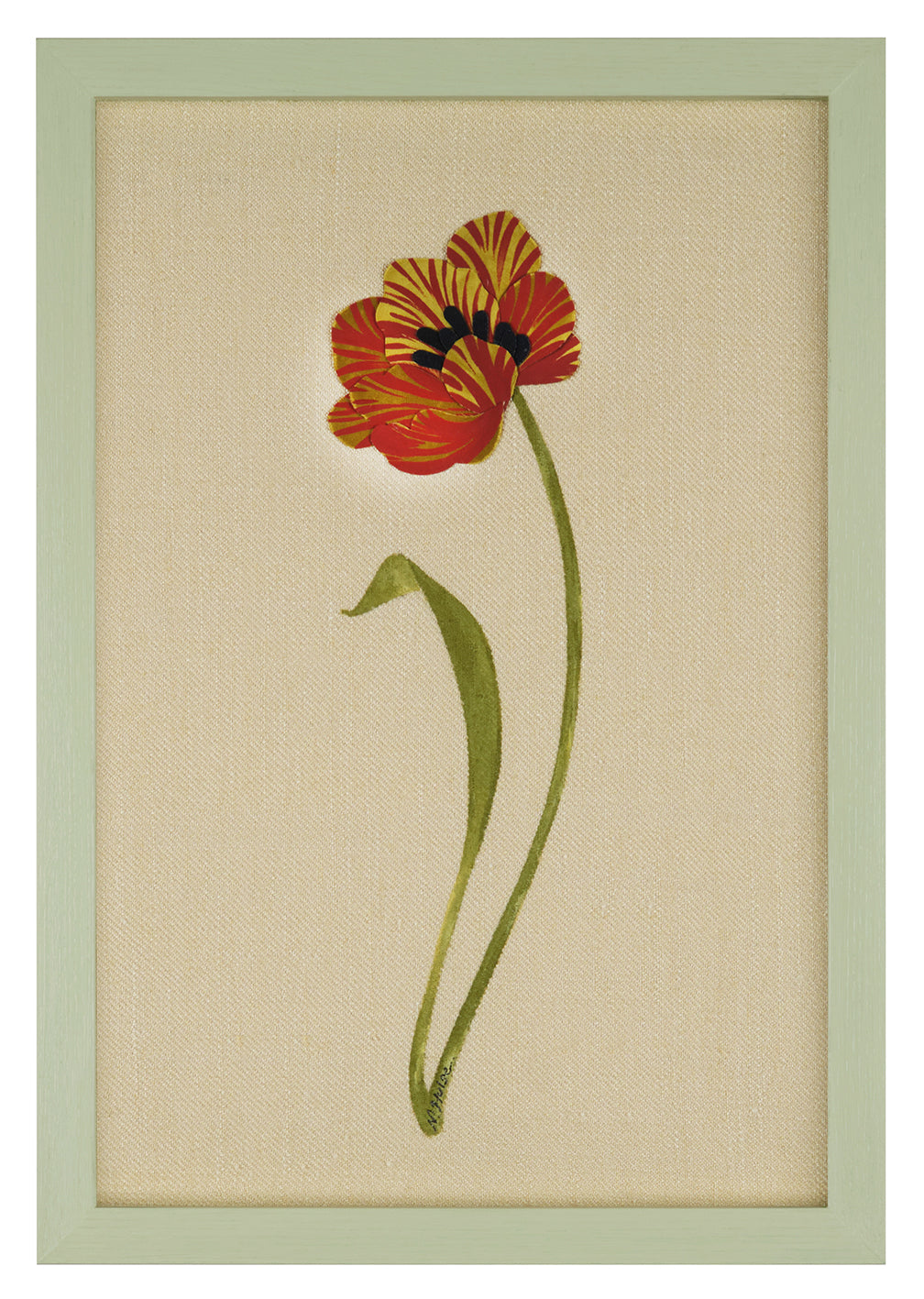 Dancing Tulip No.1 by Natasha Hulse depicting framed artwork of a red flower with green stem on beige background