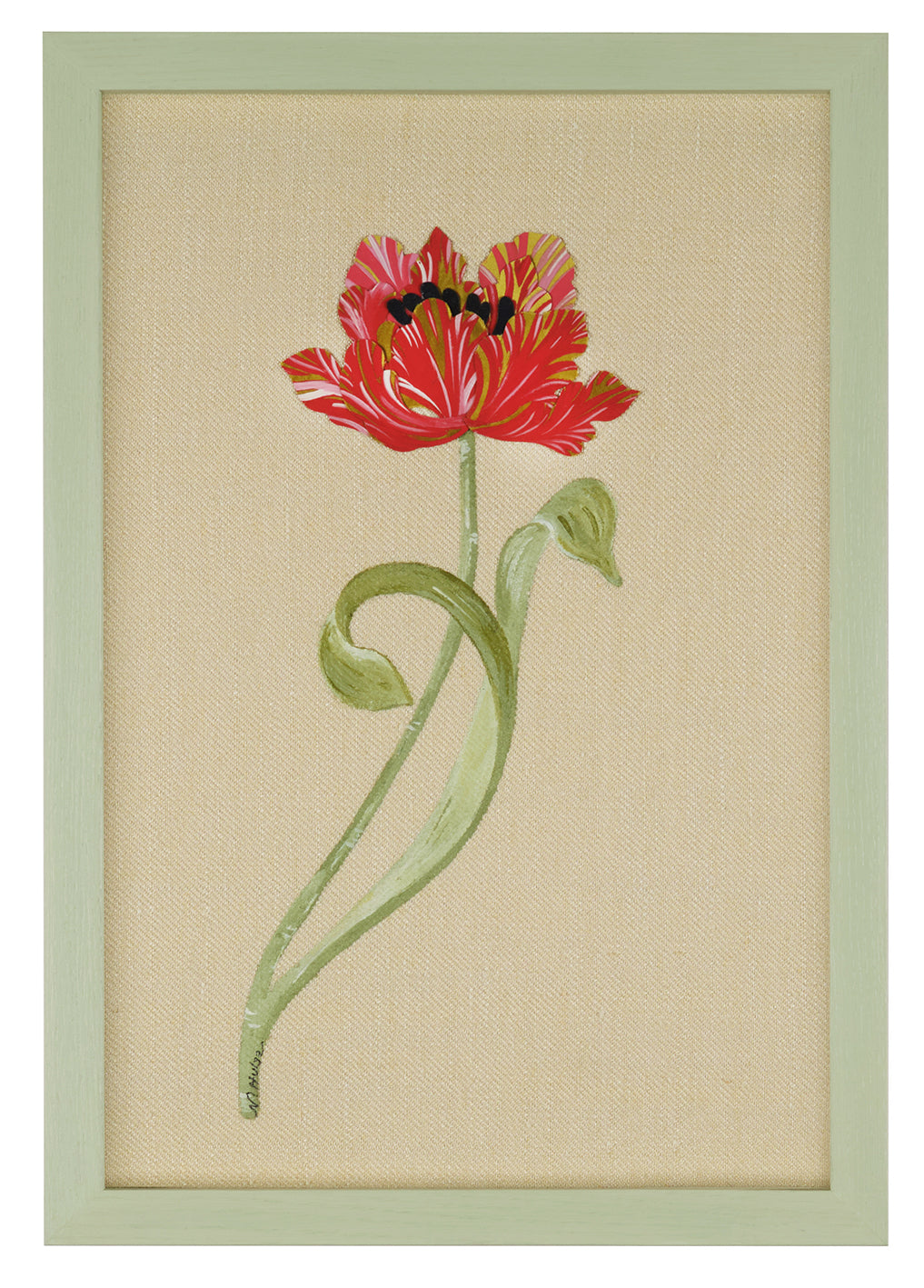 Dancing Tulip No.2 by Natasha Hulse depicting framed artwork of a red flower with green leaves on a beige background