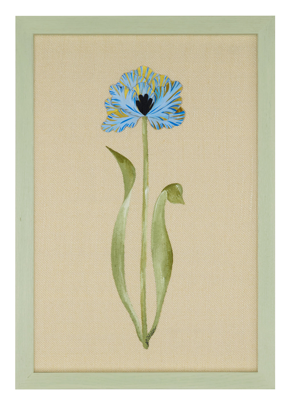 Dancing Tulip No.3 by Natasha Hulse depicting framed artwork of a blue flower with green leaves on a beige background