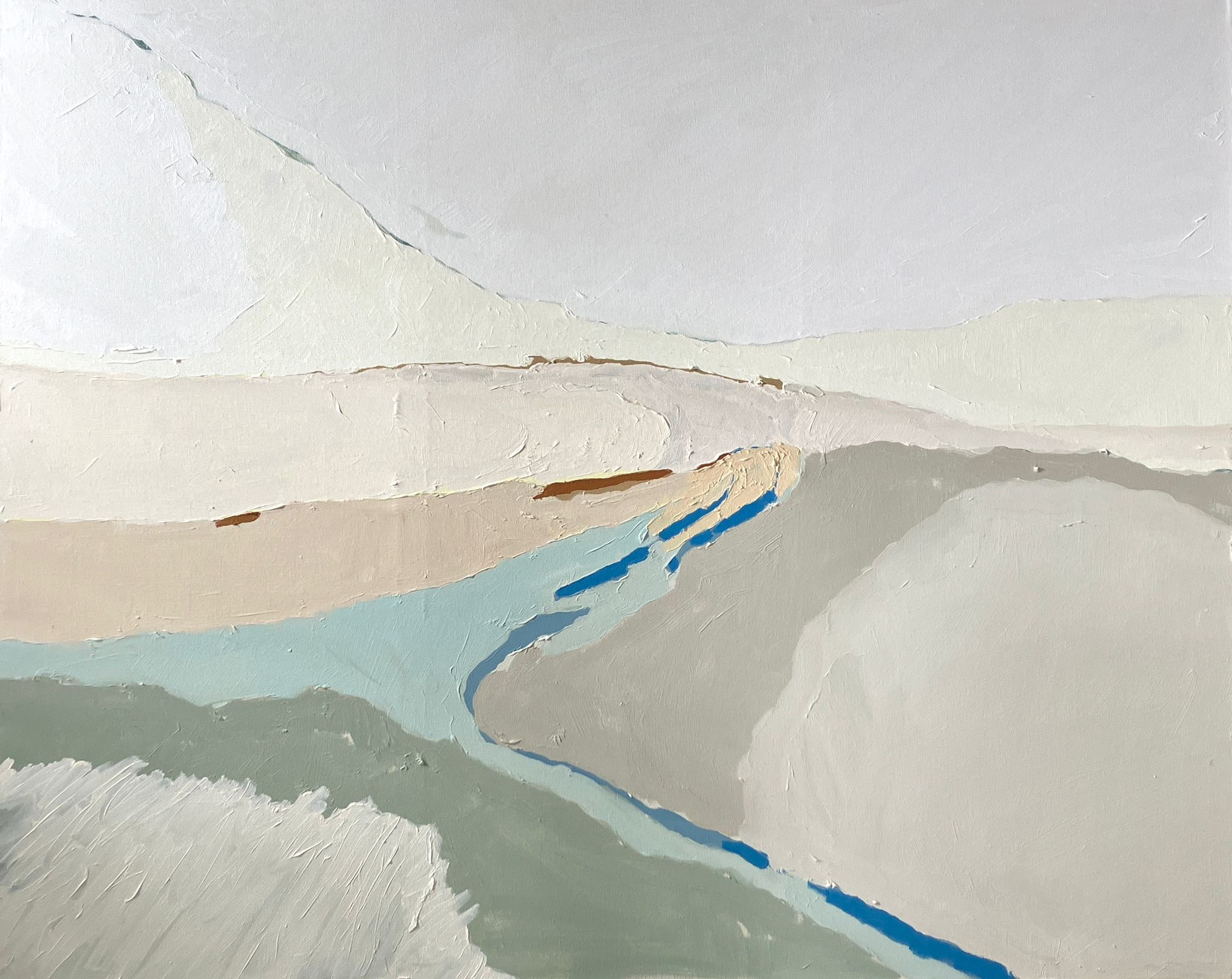 Dreamscaping by Sally Newton. Abstract art piece with wavy lines in blue and green on a white background.