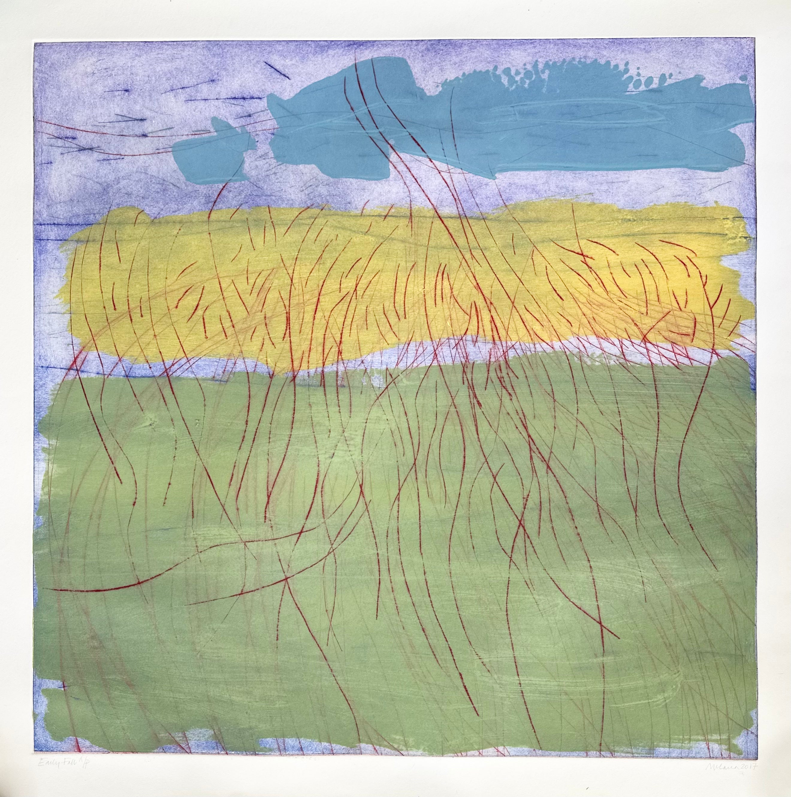 Early Fall by Sally McLaren. Abstract artwork with yellow, blue, and green colours