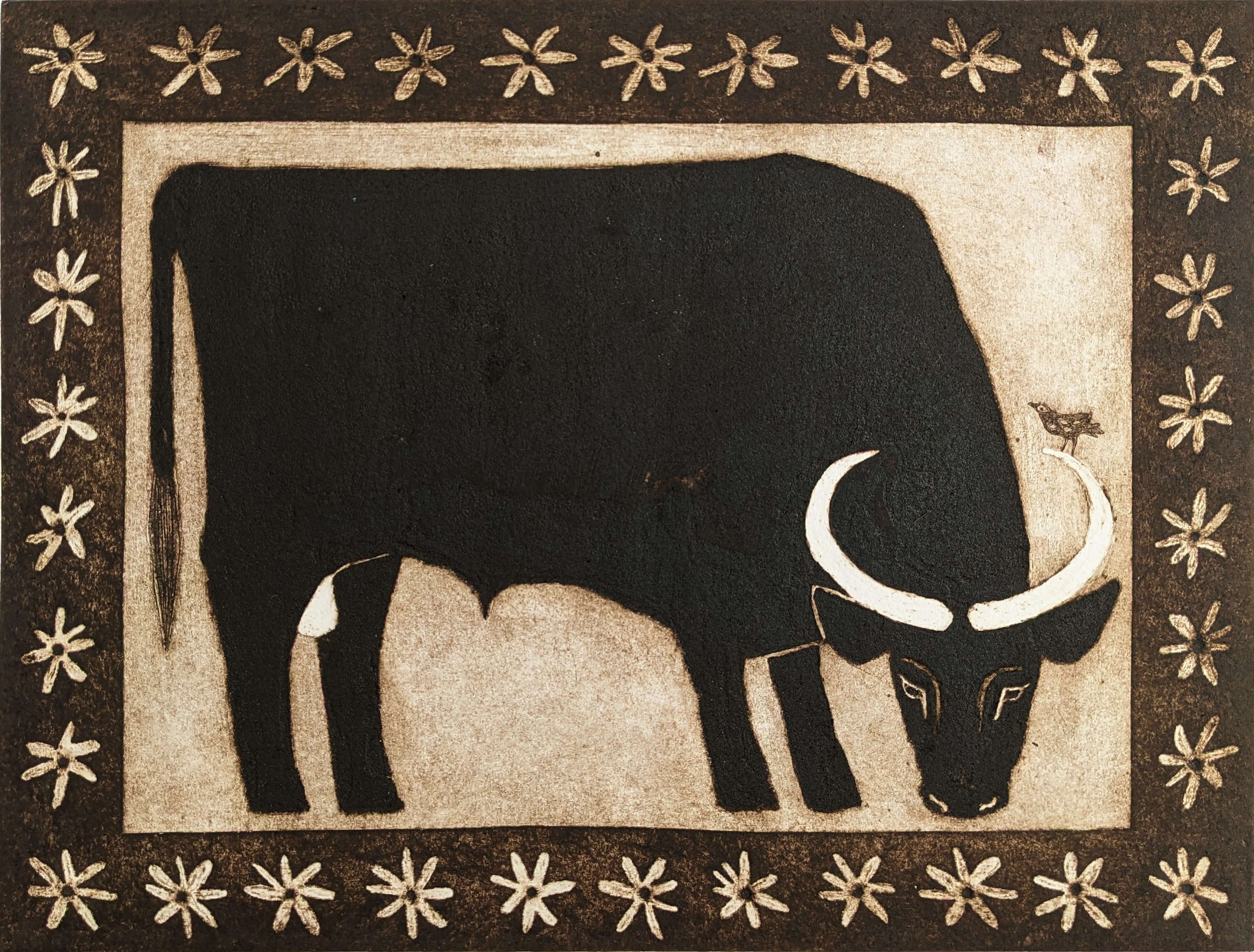 English Longhorn by Lizzie Wheeler depicting a black bull with white horns on a beige background with decorative border