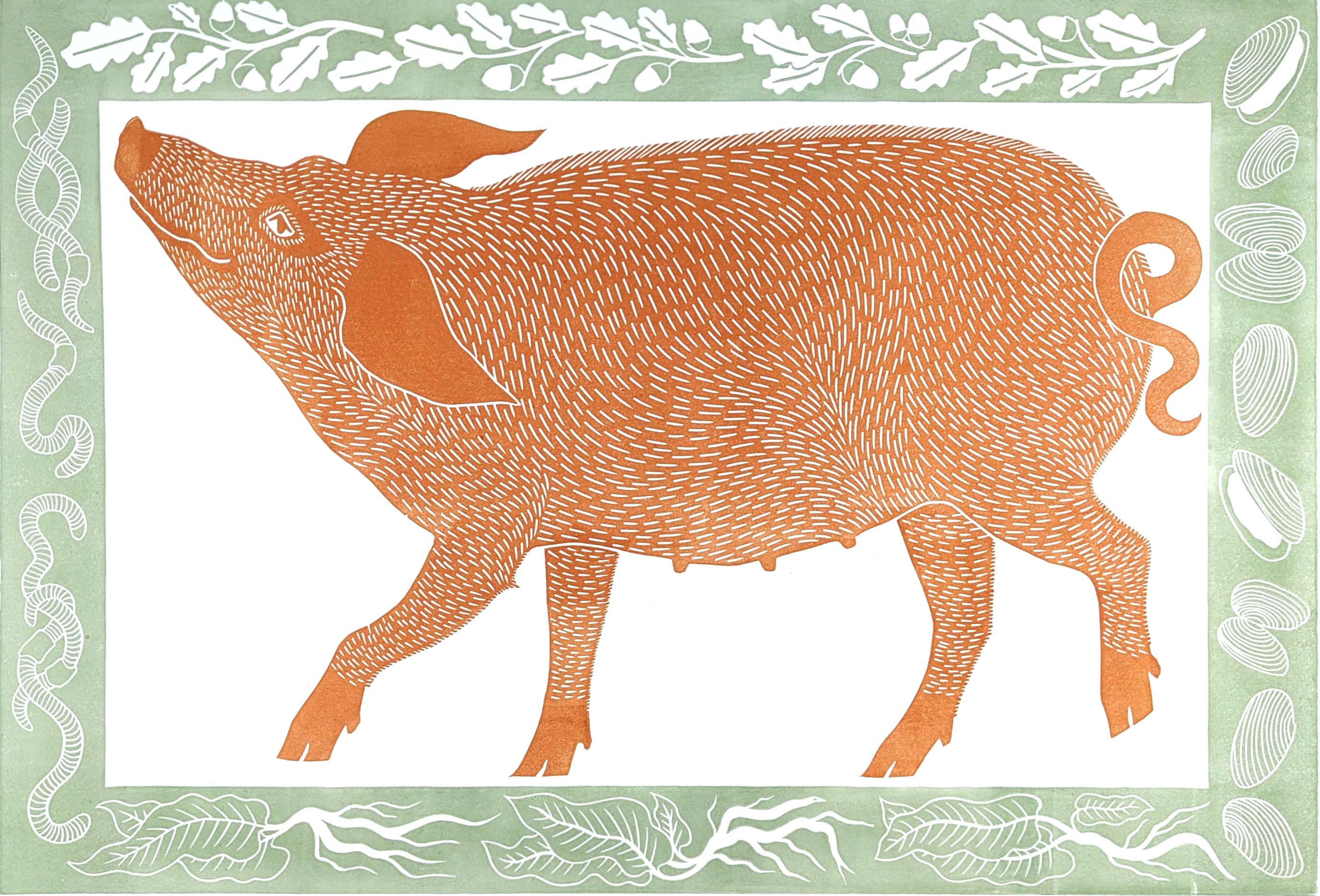 Marmalade Tamworth by Lizzie Wheeler depicting a pig with a decorative border on a white background