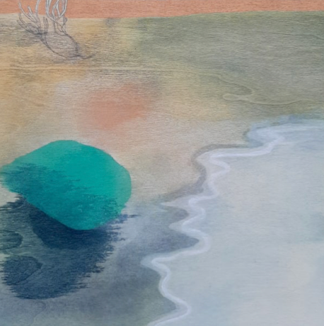 Once a Mountain by Tara Leaver. Artistic depiction of a landscape with a blue water body, orange sky, and tree.