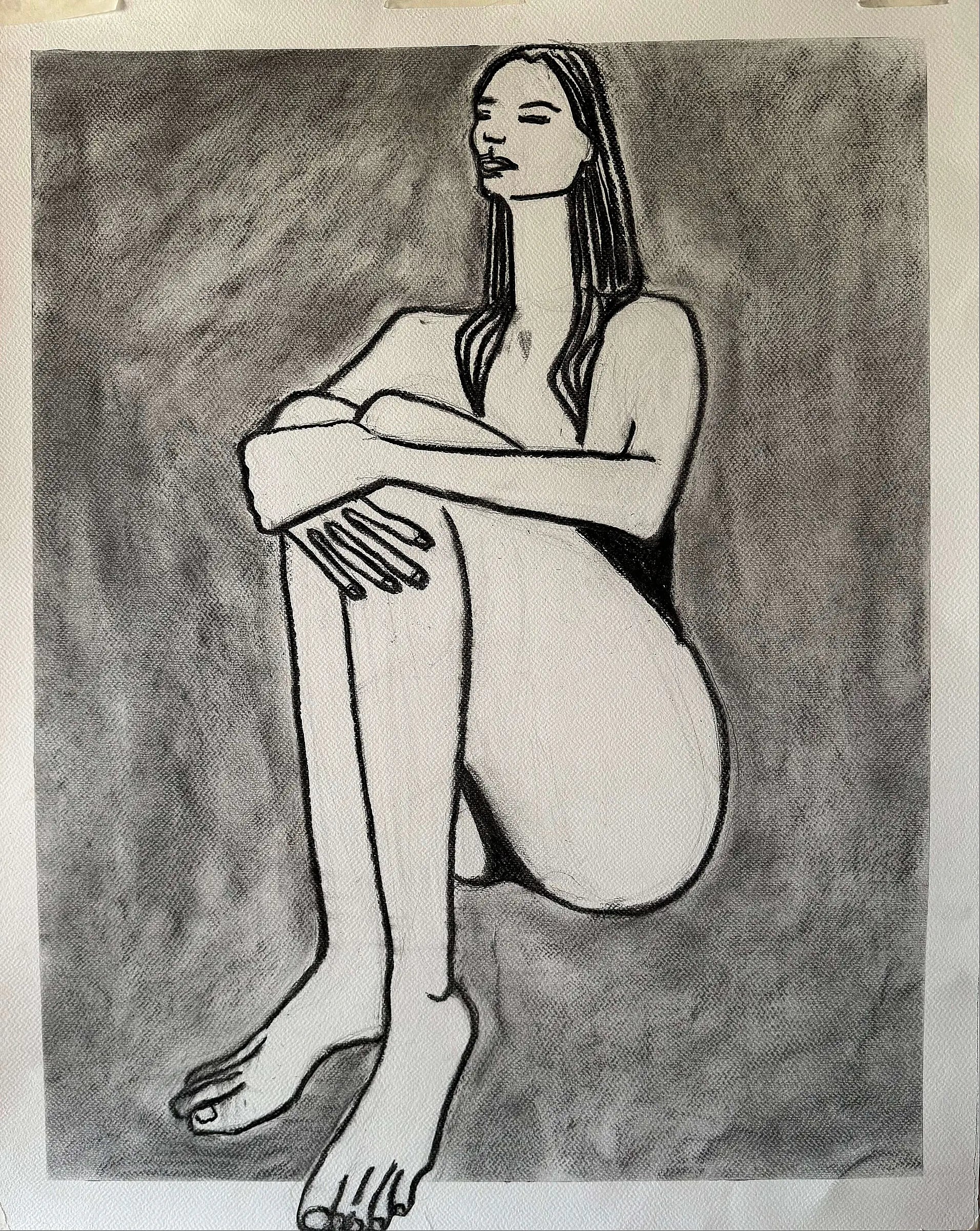 Rose in Charcoal by Lizbeth Holstein depicting a black and white line drawing of a girl in swimsuit sitting with arms crossed on a textured gray background