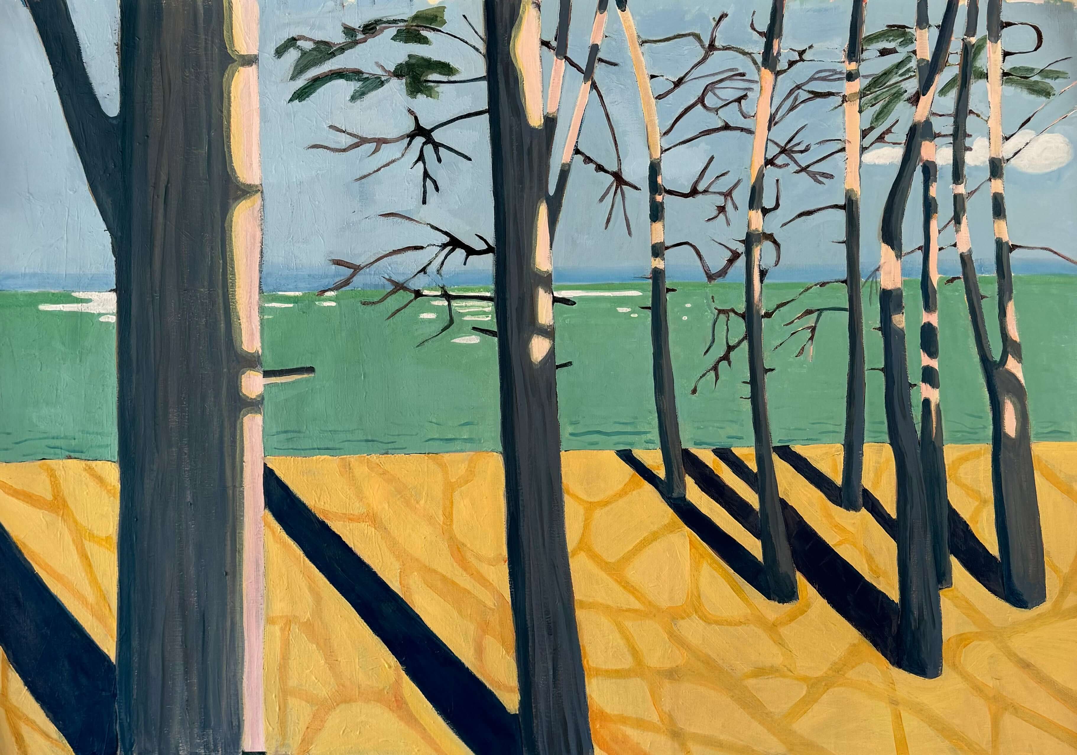 Through the Trees by Lizbeth Holstein depicting trees with a stylised seascape in the background