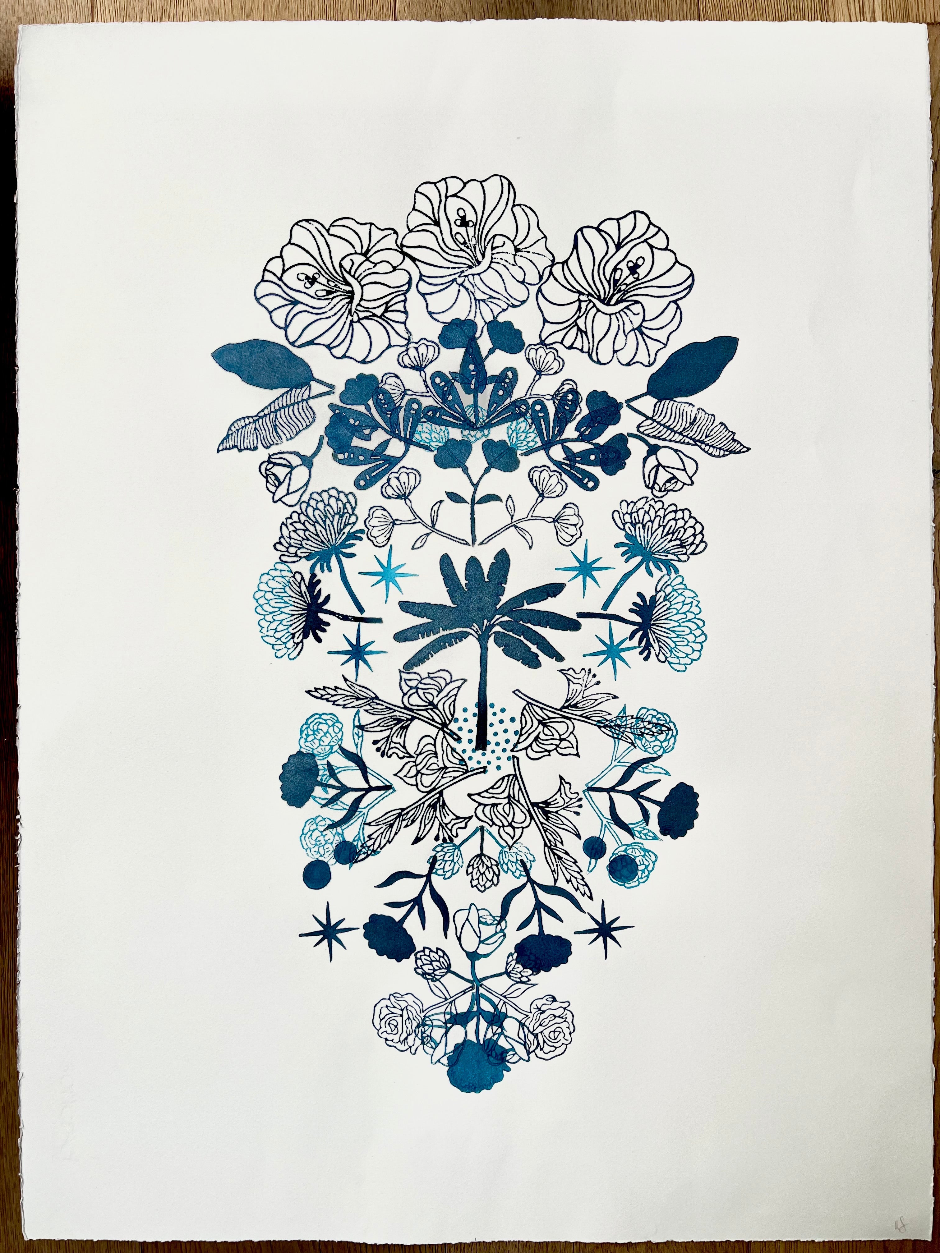 Under the stars - Midnight blue by Neera Sehgal depicting a floral Indian blockprint
design in blue and black on a white background