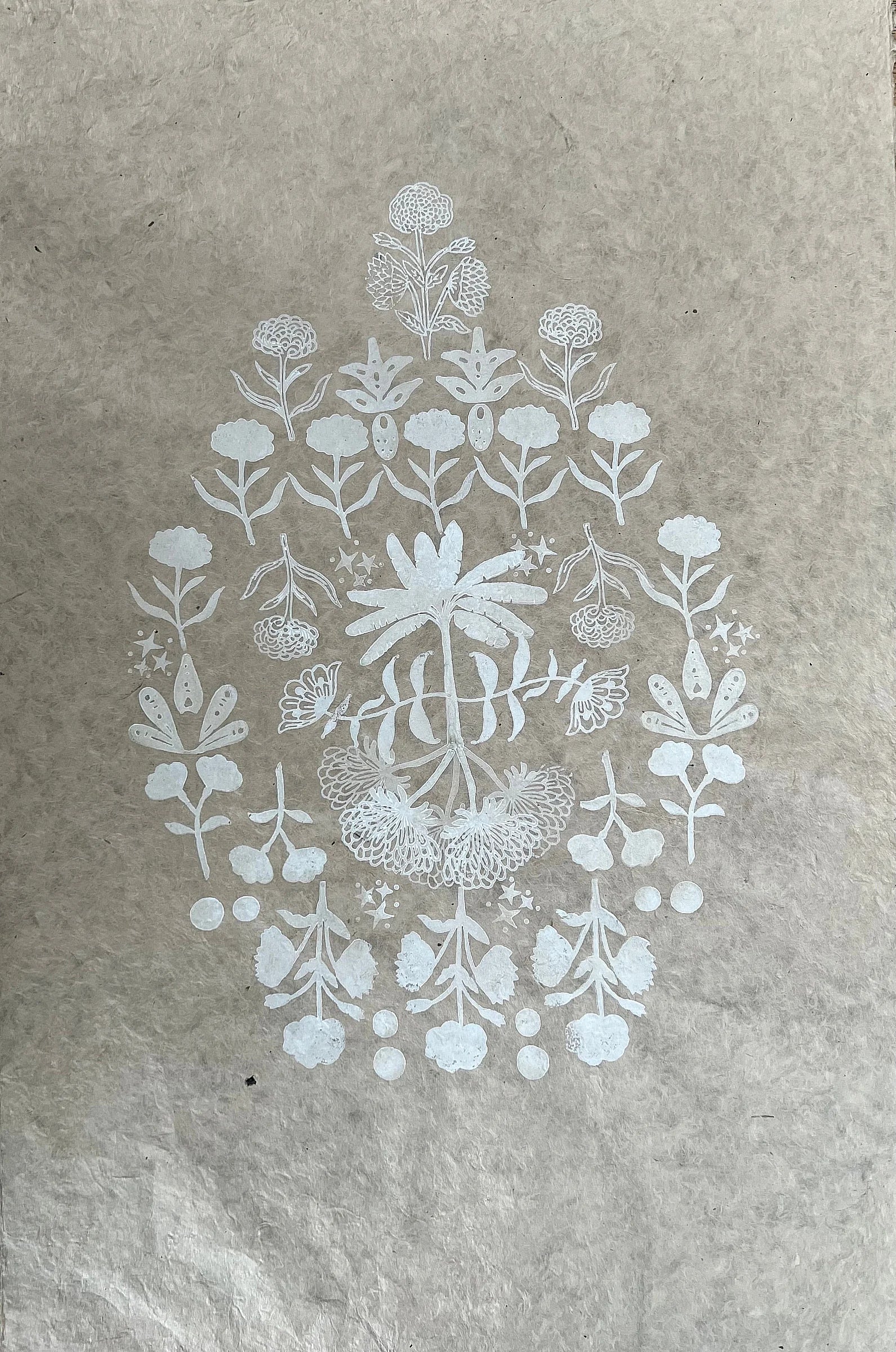 View From the Veranda by Neera Sehgal depicting a decorative Indian blockprint floral pattern on textured beige paper