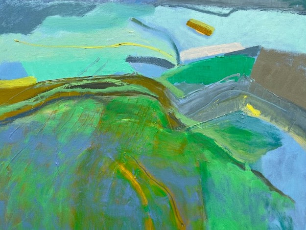 ellow Tracks by Sally McLaren. Abstract painting with green, blue, and yellow colours.