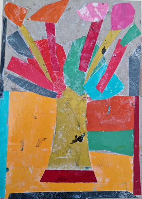 Yellow Vase with Spring Flowers framed collage by Mick Hutchings