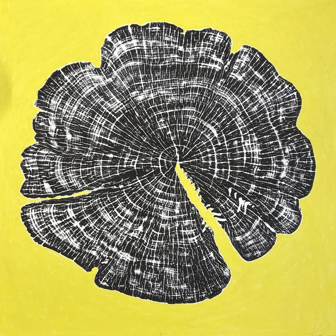 Bloom hand-printed woodcut by artist alan cameron