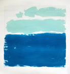 Calm by Sally McLaren. Abstract art with blue and green brush strokes on a white background.