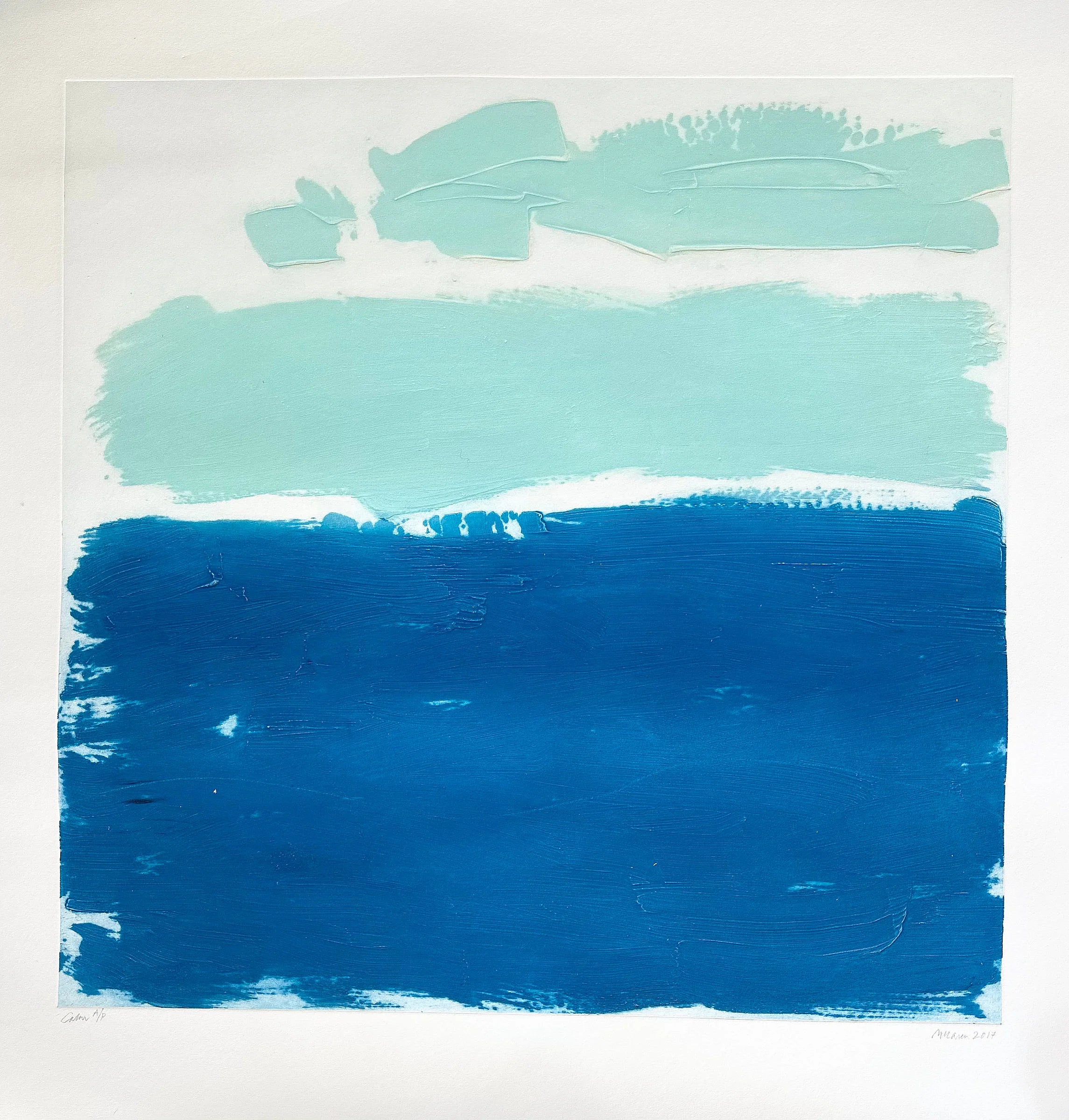 Calm by Sally McLaren. Abstract art with blue and green brush strokes on a white background.