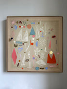 Abstract artwork with geometric shapes on a beige background, framed in brown.