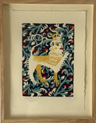 Lion by Tom Frost. Decorative print of a lion with a crown on a blue floral background.