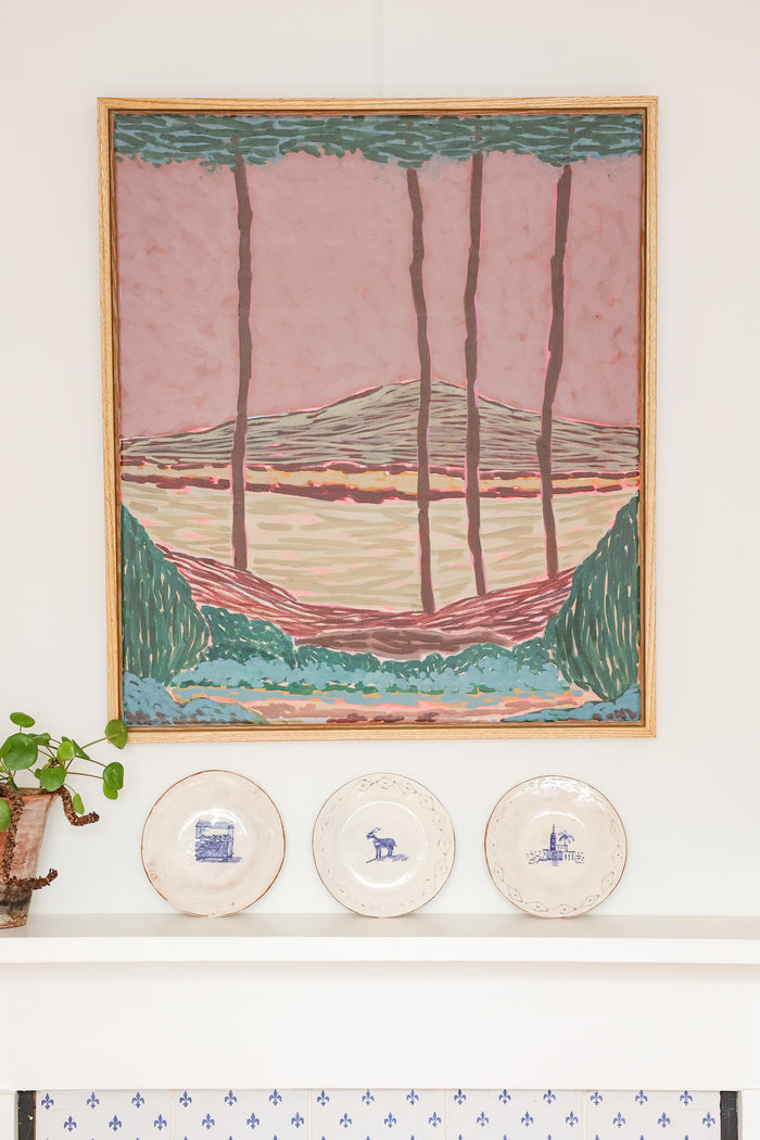 Original painting Cloudy Waters by Kulbir Bhandal above a fireplace at MYLO Gallery, Hungerford