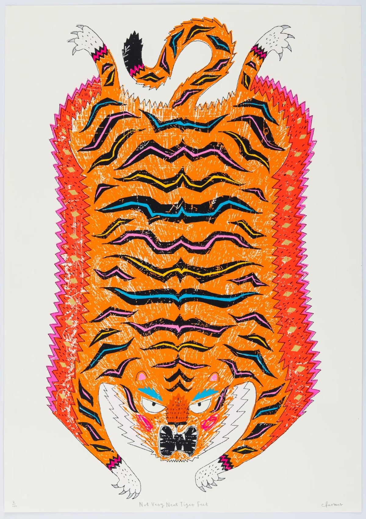 'Not Very Neat Tiger Feet' - Tiger rug screen print by Charlotte Farmer