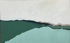 Across the field by Sally Newton. Abstract landscape with green and blue hues on a white background.