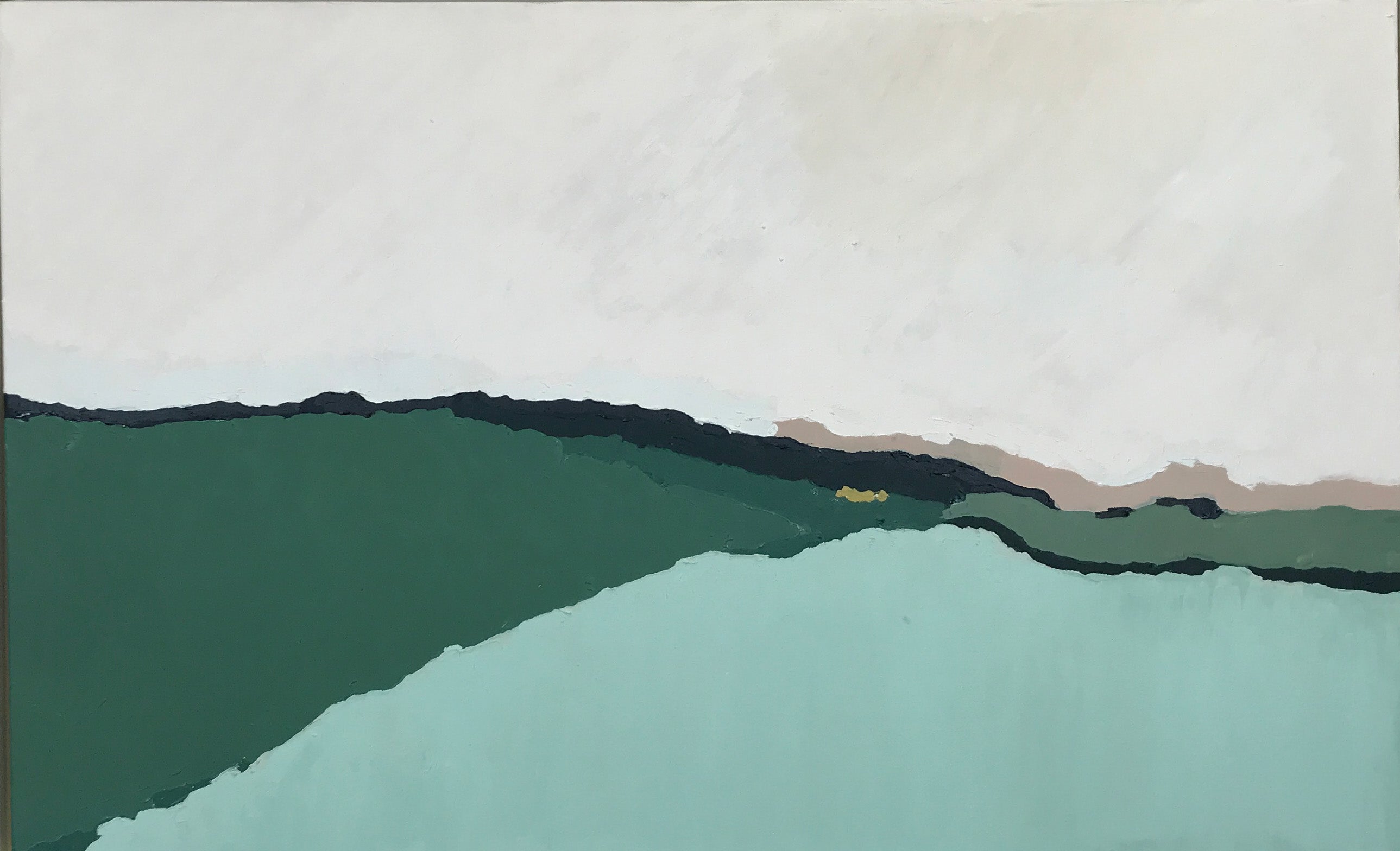 Across the field by Sally Newton. Abstract landscape with green and blue hues on a white background.