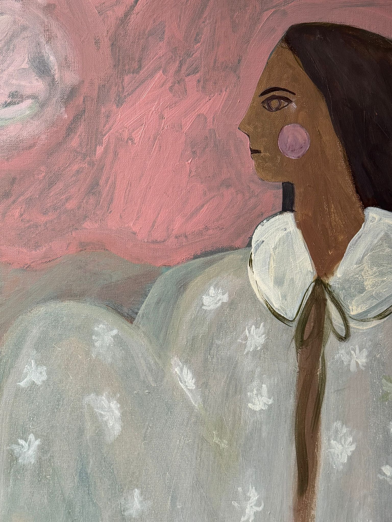 Close up of After Rain Pink Skies painting of a woman by Chiara Peran