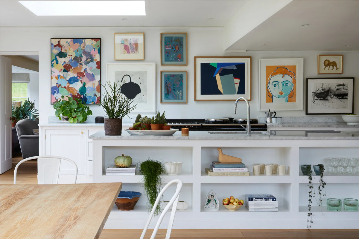 modern and bright gallery kitchen wall in contemporary farmhouse Hampshire by art consultancy