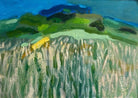 August by Sally McLaren. Abstract painting with green, blue, and yellow hues