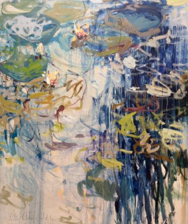 An abstract painting featuring various shades of blue, with some hints of green and white, creating a serene water-like effect.