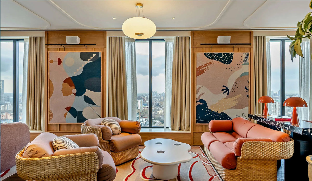 Large abstract diptych in branded living Riverstone Heights London Mylo Art and ADC interior design