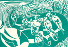 Illustration of cyclists racing on a winding road with scenic background