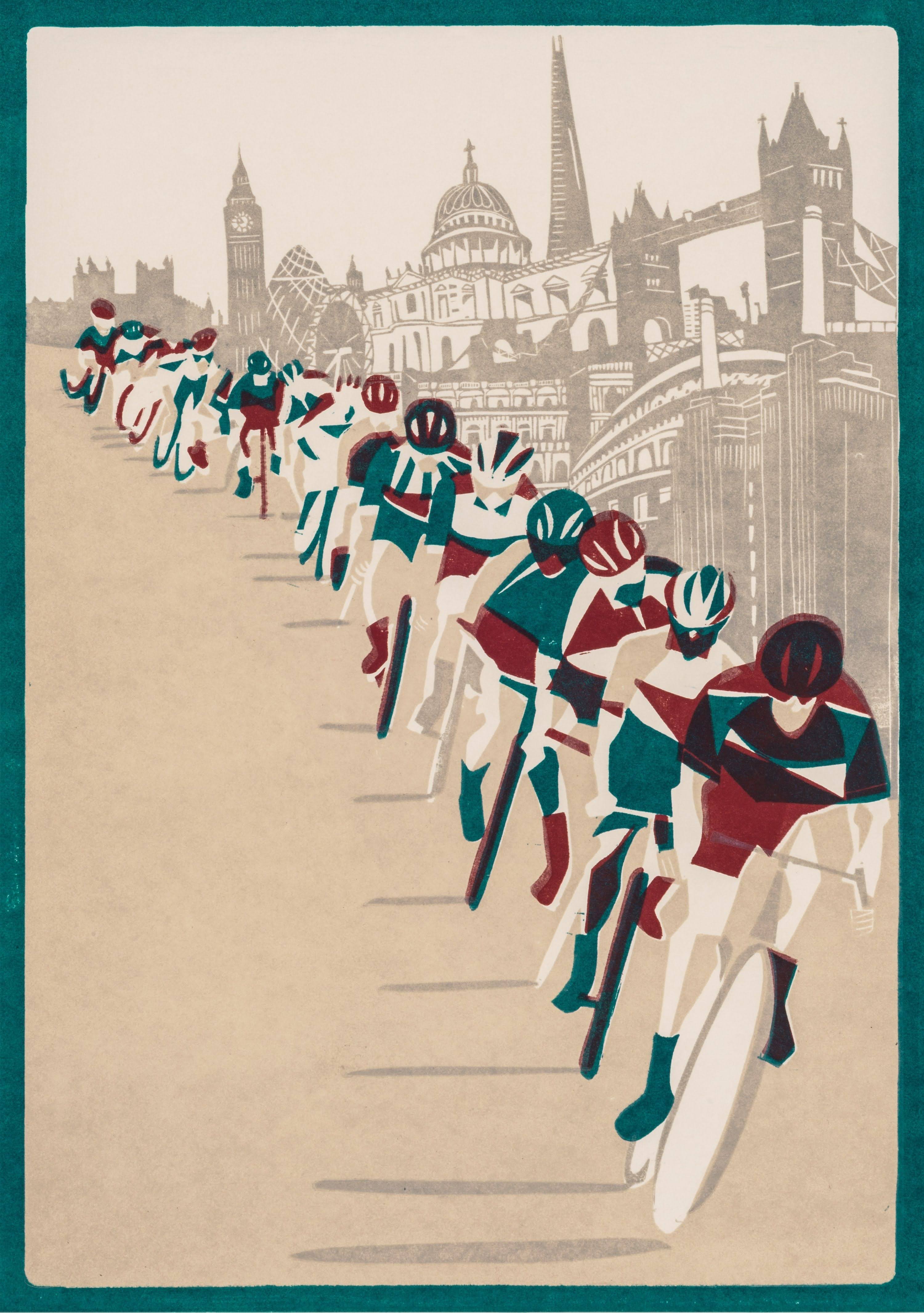Illustration of a bicycle race with a cityscape background