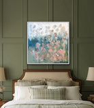 Clearing Mists by Claire Oxley displayed on an olive green wall above a bed.