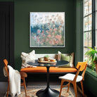 Clearing Mists by Claire Oxley, displayed on a dark green wall with a large window and contemporary furniture.