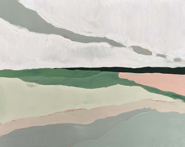 Cloud study by Sally Newton. Abstract art with horizontal stripes in green, pink, and grey.