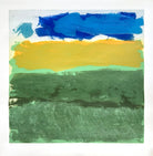 Crops by Sally McLaren. Abstract art with blue, yellow, and green brush strokes on a white background.