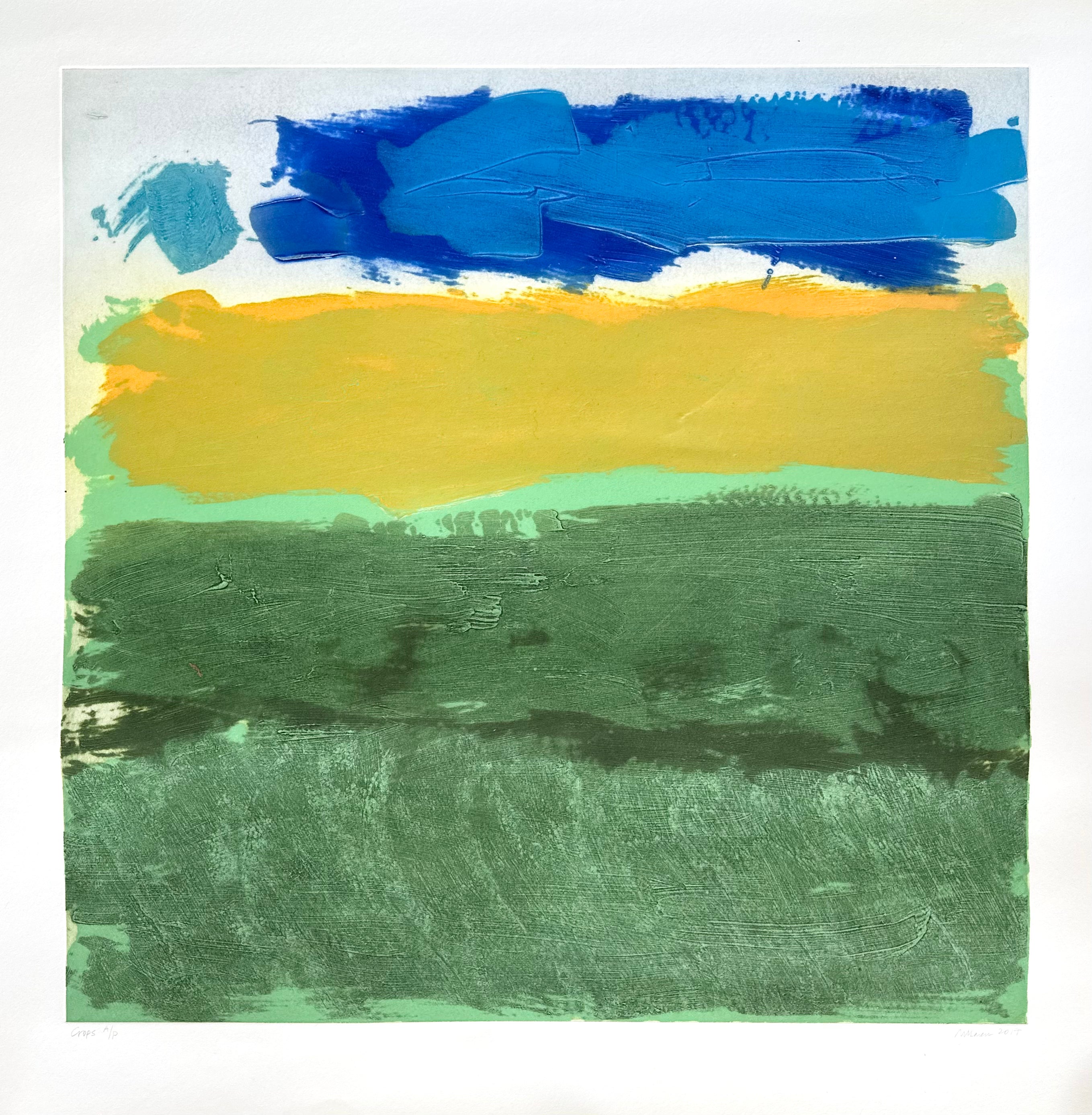Crops by Sally McLaren. Abstract art with blue, yellow, and green brush strokes on a white background.