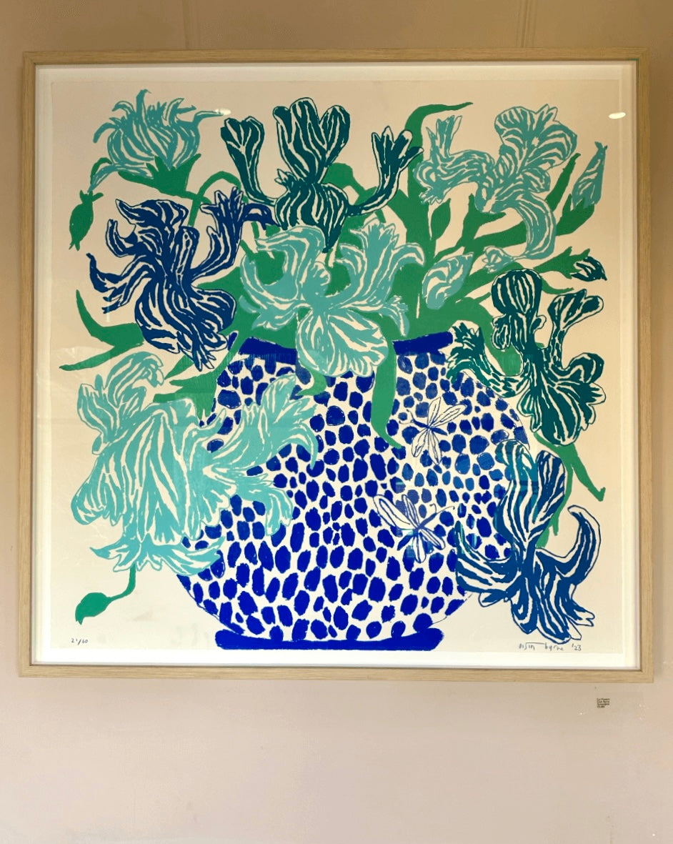 Cut Flowers, Blue by Oisin Byrne. Framed artwork with a blue and green floral design on a white background.