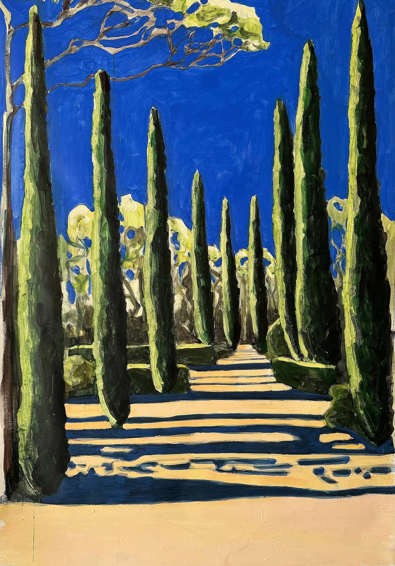 Painting of a cypress tree-lined path with a blue sky. Cyprus Trees by Lizbeth Holstein.