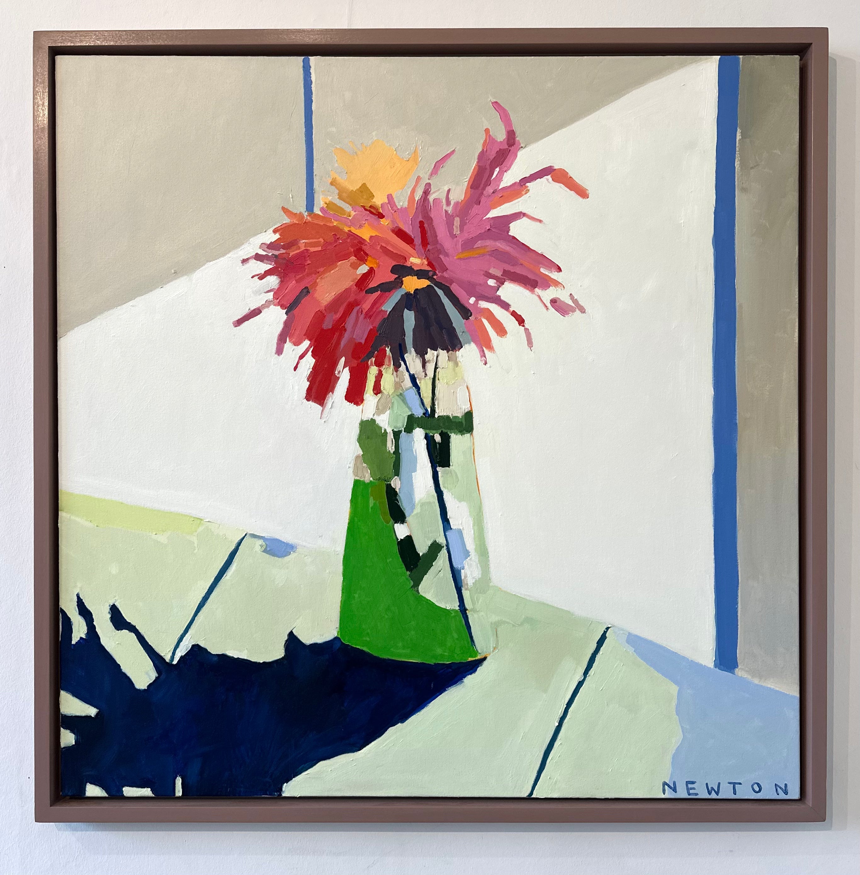 Dahlia Shadows by Sally Newton. Abstract painting of a colourful flower in a green vase on a white background, signed 'NEWTON'.