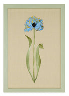 Dancing Tulip No.3 by Natasha Hulse depicting framed artwork of a blue flower with green leaves on a beige background