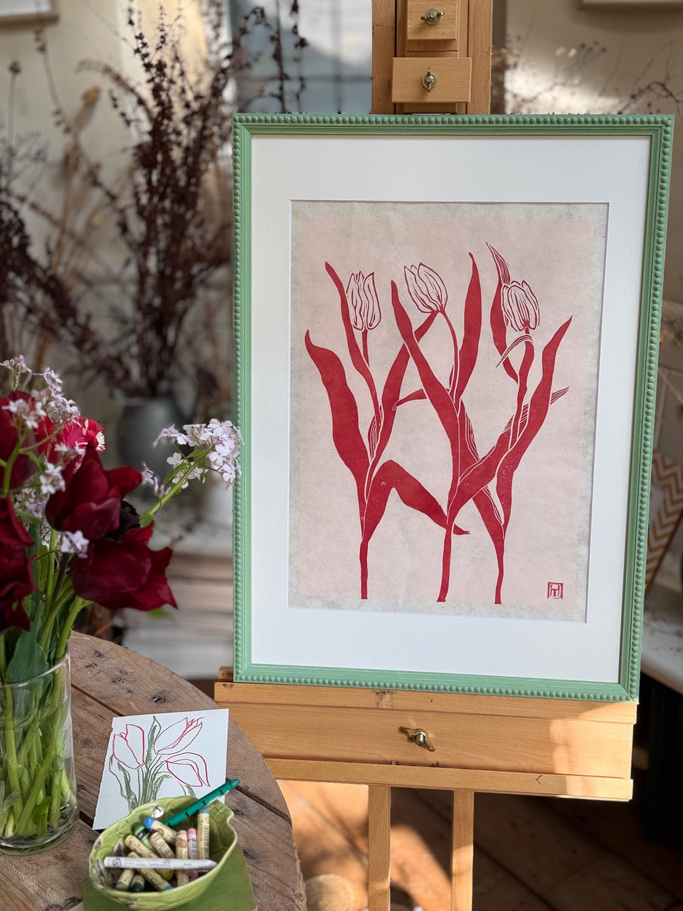 Dancing Tulips III on easel by Henny Tate