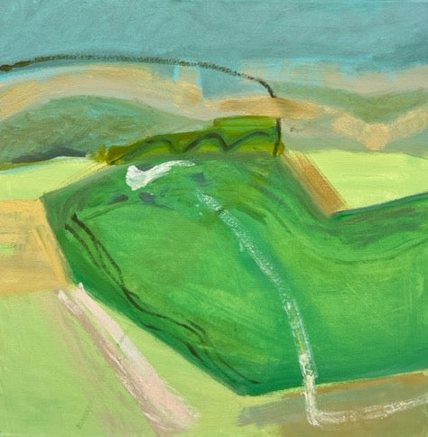 Downland by Sally McLaren. Abstract painting of a green shape on a blue background