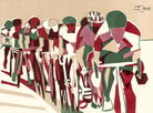 Abstract illustration of cyclists in a line on a beige background