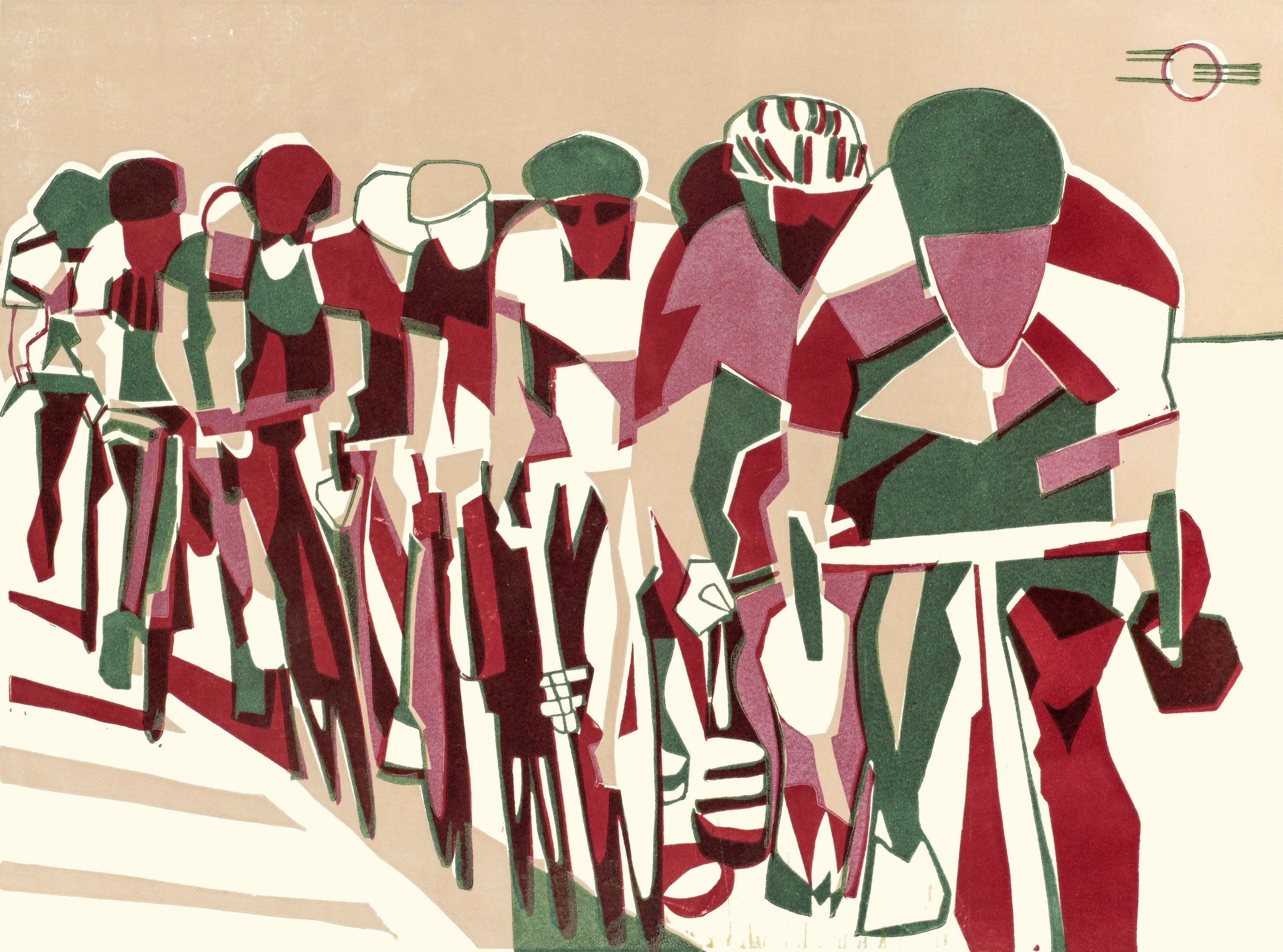 Abstract illustration of cyclists in a line on a beige background