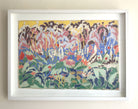 Echinops garden by Sally Newton. Framed abstract artwork with colourful patterns on a beige wall.
