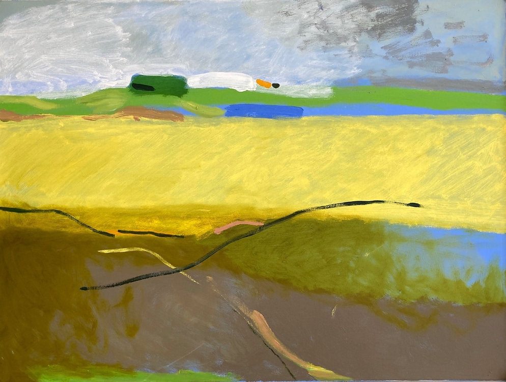 Expanse by Sally McLaren. Abstract painting with a yellow field, blue water, and green hills.